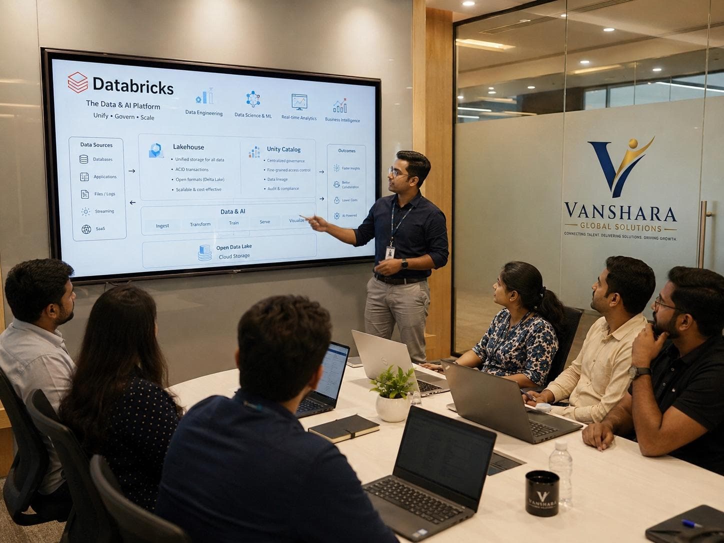 Vanshara Global Solutions team in a client briefing session